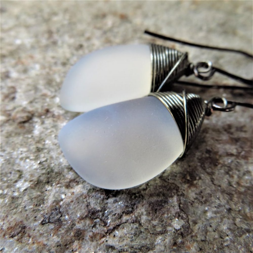 Cobalt Blue sea glass earrings wire wrapped with hematite colored wire